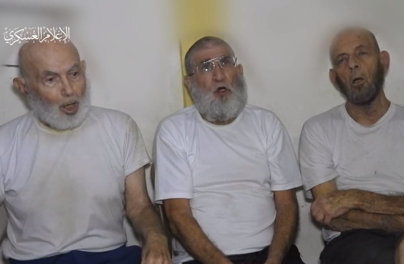  Hamas released a video of three elderly male Israeli hostages pleading for their release. December 18, 2023. (photo credit: Screenshot/Hamas Telegram)