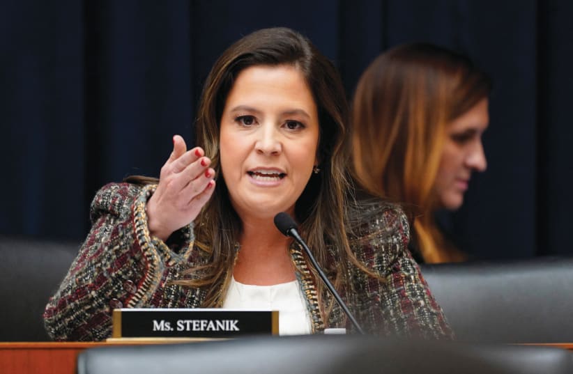  US REPRESENTATIVE Elise Stefanik (R-NY) speaks during a House Education and Workforce Committee hearing titled ‘Holding Campus Leaders Accountable and Confronting Antisemitism,’ on December 5 (photo credit: KEN CEDENO/REUTERS)
