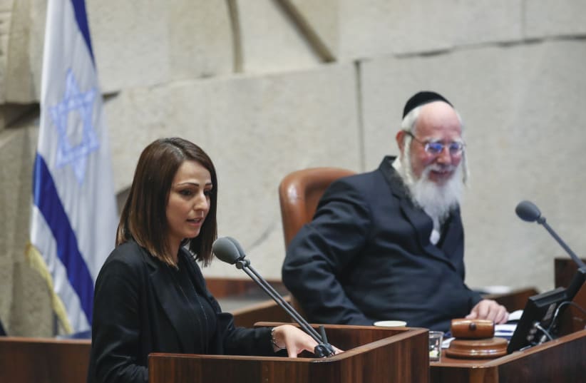  THEN-MK Gadeer Kamal Mreeh addresses the Knesset plenum as deputy speaker Yisrael Eichler presides, in 2019 (photo credit: NOAM REVKIN FENTON/FLASH90)