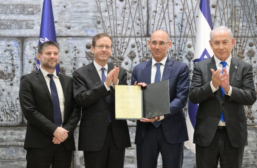  FINANCE MINISTER Bezalel Smotrich, President Isaac Herzog, BoI governor Amir Yaron, and Prime Minister Benjamin Netanyahu (photo credit: AMOS BEN GERSHOM/GPO)
