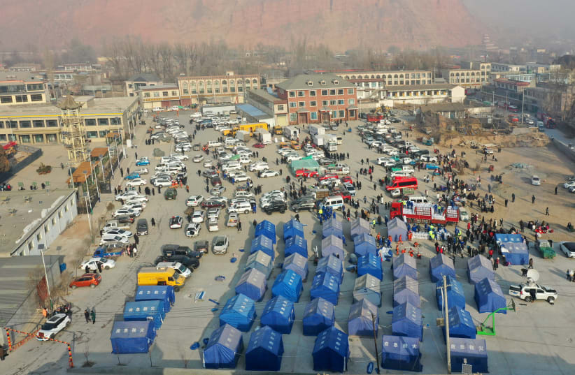  An aerial view shows emergency tents at Dahejia village amid rescue operations following the earthquake in Jishishan county, Gansu province, China December 19, 2023. (photo credit: CHINA DAILY VIA REUTERS)