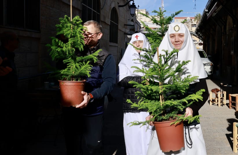 Receiving their free Christmas tree, a project of the Jerusalem Municipality.  (photo credit: Marc Israel Sellem/Jerusalem Post)