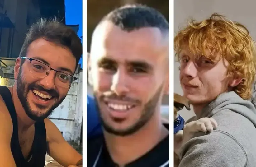  Yotam Haim, Samer Talalka and Alon Shamriz, who were kidnapped to the Gaza Strip and accidentally shot by the IDF, December 16, 2023 (photo credit: SCREENSHOT ACCORDING TO 27A OF COPYRIGHT ACT)