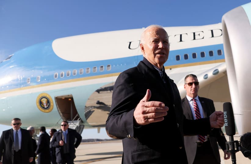  US President Joe Biden speaks to media as he arrives at Milwaukee Mitchell International Airport in Milwaukee, Wisconsin, December 20, 2023 (photo credit: REUTERS/LEAH MILLIS)