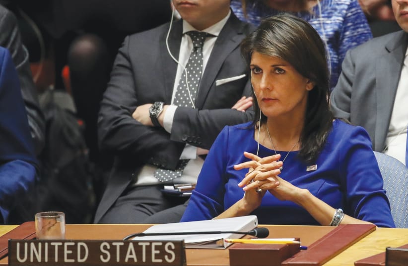  NIKKI HALEY, then-US ambassador to the UN, listens during a UN Security Council emergency meeting (photo credit: DREW ANGERER / GETTY IMAGES)