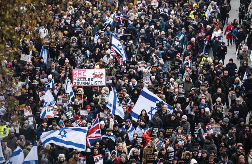  UK DEMONSTRATION against antisemitism, with some 100,000 participants. (photo credit: UK's Community Security Trust)