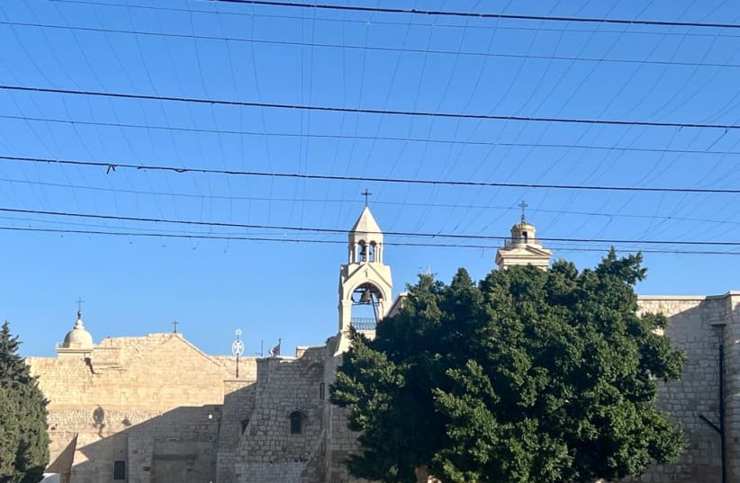  The top of the Church of the Nativity and Manger Square on December 22, 2023. (photo credit: MAAYAN JAFFE-HOFFMAN)