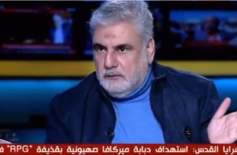 Nawaf al-Moussawi on Al-Manar TV. (photo credit: SCREENSHOT/ AL MANAR)
