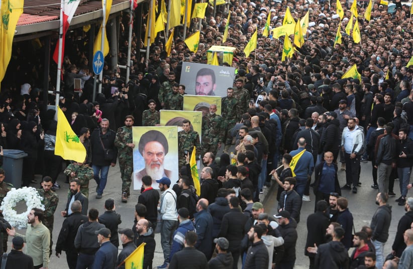  Funeral of Hezbollah member Mohammed Hassan Jaafar Makke, in Beirut's southern suburbs (photo credit: REUTERS/AZIZ TAHER)