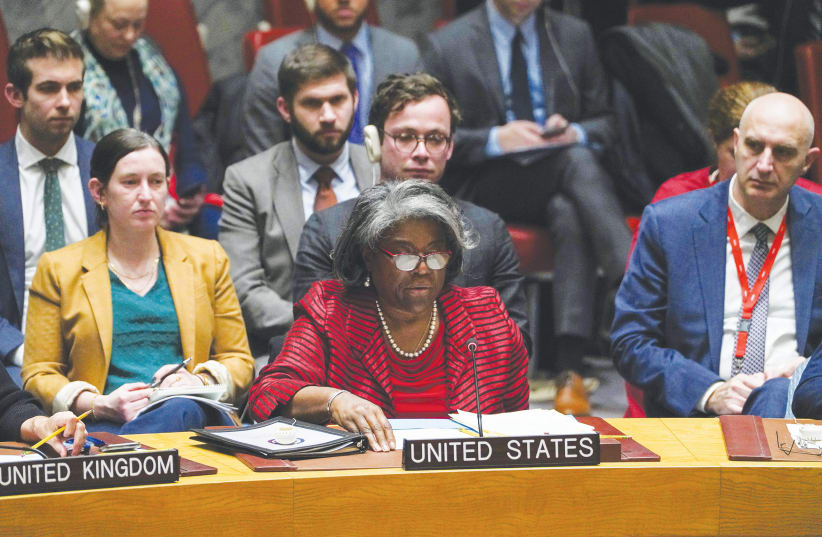  US AMBASSADOR to the UN Linda Thomas-Greenfield speaks at the Security Council on Friday. She said that she couldn't understand those refusing to condemn the atrocities committed by Hamas. (photo credit: David Dee Delgado/Reuters)