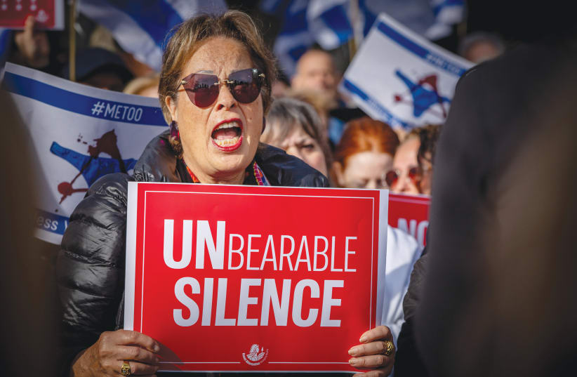  A protest against the sexual violence committed in the October 7 massacre and the international silence takes place outside the UN headquarters in New York City earlier this month. (photo credit: YAKOV BINYAMIN/FLASH 90)