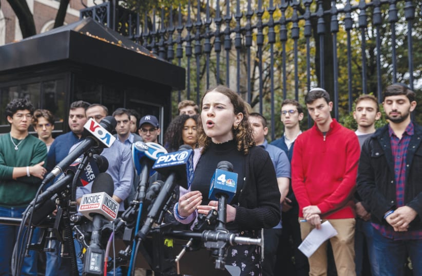  Columbia University student Jessie Brenner speaks at a news conference in October, calling on the university's administration to support students facing antisemitism. (photo credit: JEENAH MOON/REUTERS)