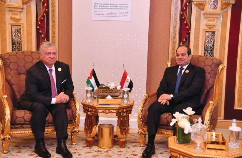  EGYPT’S PRESIDENT Abdel Fattah al-Sisi meets with Jordan’s King Abdullah II at an Organization of Islamic Cooperation summit in Riyadh last month. What would moderate Arab states be willing to do to advance a political solution?  (photo credit: THE EGYPTIAN PRESIDENCY/REUTERS)
