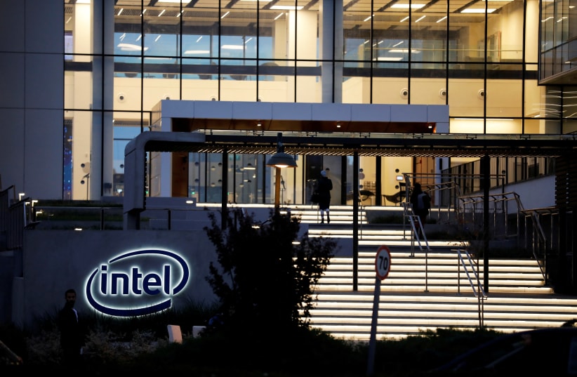  US chipmaker Intel Corp's logo is seen at the entrance to their "smart building" in Petah Tikva, near Tel Aviv, Israel December 15, 2019. (photo credit: REUTERS/AMIR COHEN/FILE PHOTO)