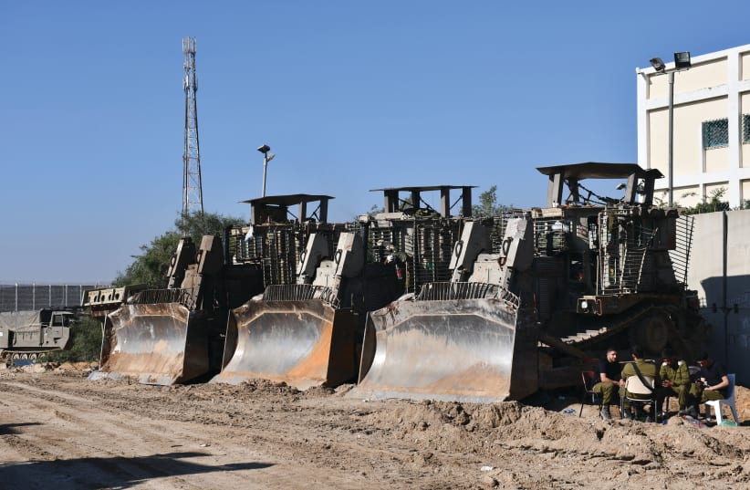  IDF D9 armored bulldozers near the Erez Crossing. (photo credit: SETH J. FRANTZMAN)