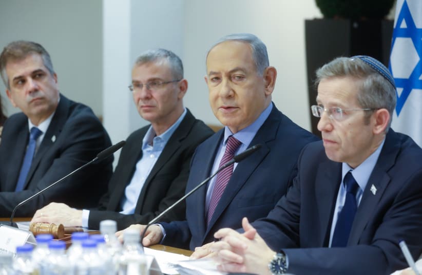  Prime Minister Benjamin Netanyahu leads a government conference at Hakirya base in Tel Aviv on December 31, 2023 (photo credit: MIRIAM ALSTER/FLASH90)