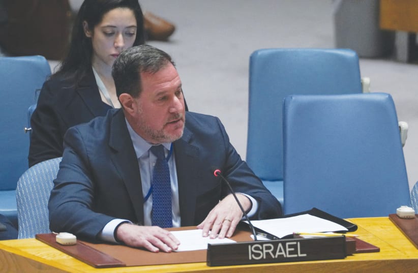  ISRAELI DEPUTY Permanent Representative to the UN Brett Jonathan Miller speaks last month as the Security Council voted on demanding aid access to the Gaza Strip. He criticized the resolution for failing to prioritize the hostages and their medical care, the writer notes. (photo credit: David Dee Delgado/Reuters)