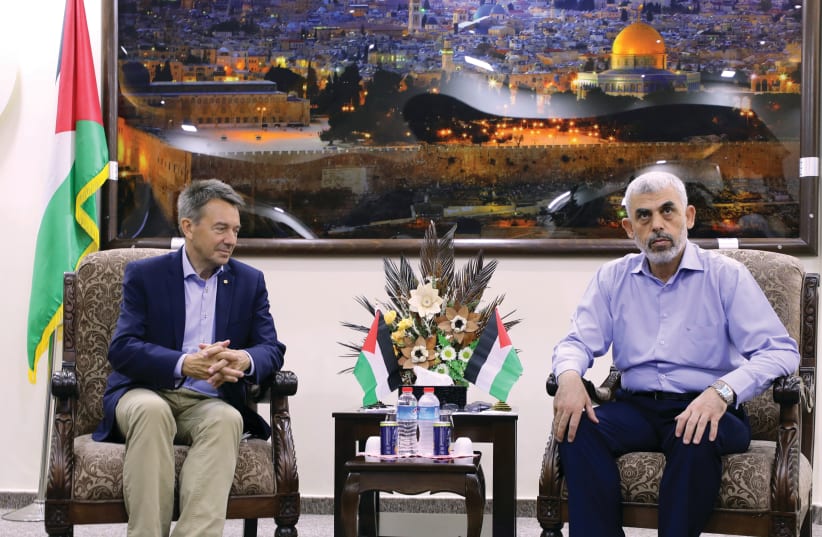  HAMAS GAZA head Yahya Sinwar meets with then-president of the International Committee of the Red Cross Peter Maurer, in Gaza City, in 2017. Patience has sustained the hatred of the Hamas terrorists for Israel and their belief that they will one day destroy the Jews. (photo credit: MOHAMMED SALEM/REUTERS)