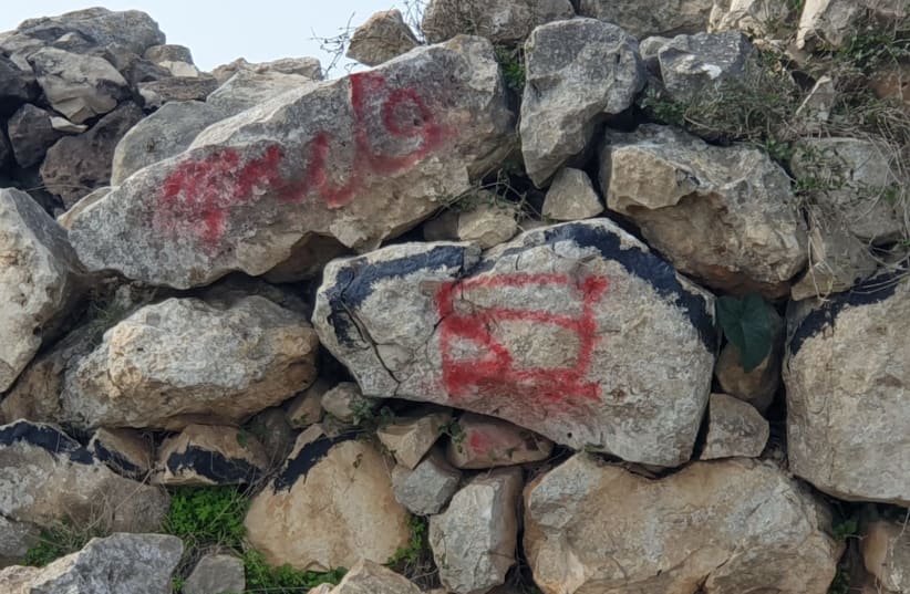 Vandalism at Joshua's altar at Mount Ebal on January 4, 2024. (photo credit: A FIGHT FOR EVERY ACRE ORGANIZATION)