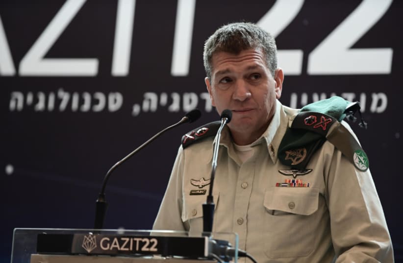  Commander of the IDF Military Intelligence Aharon Haliva speaks at a conference of the Gazit Institute in Tel Aviv, November 5, 2022 (photo credit: TOMER NEUBERG/FLASH90)