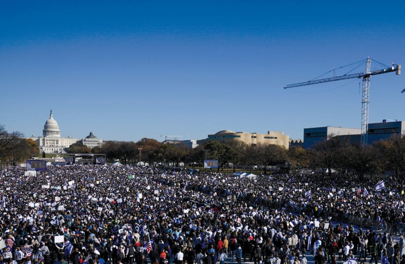  Jewish Americans and supporters of Israel gather in solidarity with Israel to protest against antisemitism, in Washington, on November 14, 2023. (photo credit: Elizabeth Frantz/Reuters)