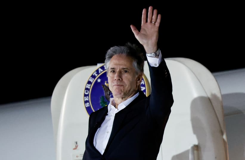  US Secretary of State Antony Blinken boards a plane to travel as he departs Crete for Amman, the next stop on his week-long trip aimed at calming tensions across the Middle East, in Crete, Greece, January 6, 2024. (photo credit: REUTERS/EVELYN HOCKSTEIN/POOL)