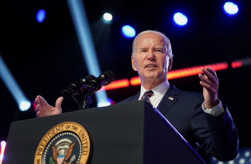  US President Joe Biden delivers a speech to mark the third anniversary of the January 6, 2021 attack on the US Capitol at a campaign event at Montgomery County Community College, in Blue Bell, near Valley Forge, Pennsylvania, US, January 5, 2024. (photo credit: REUTERS/KEVIN LAMARQUE)
