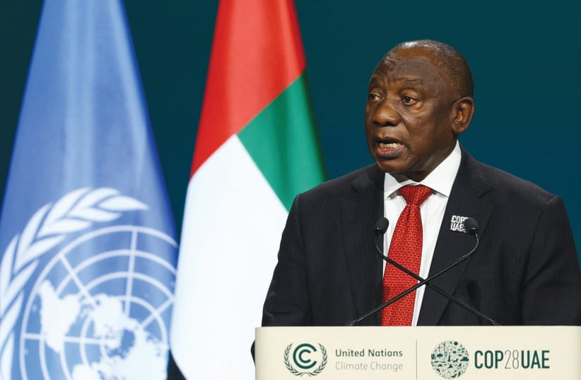  SOUTH AFRICA’S President Cyril Ramaphosa speaks during the UN Climate Change Conference in Dubai, last month. According to Ramaphosa, Israel is guilty of genocide (photo credit: Amr Alfiky/Reuters)