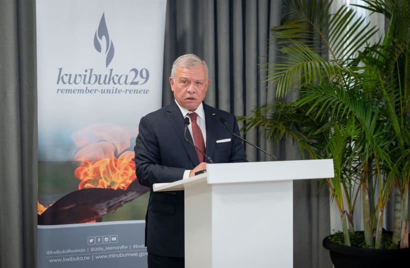  Jordan's King Abdullah II speaks during his visit to the Kigali Genocide Memorial in Kigali, Rwanda, in this handout picture released on January 8, 2024. (photo credit: ROYAL HASHEMITE COURT/REUTERS)