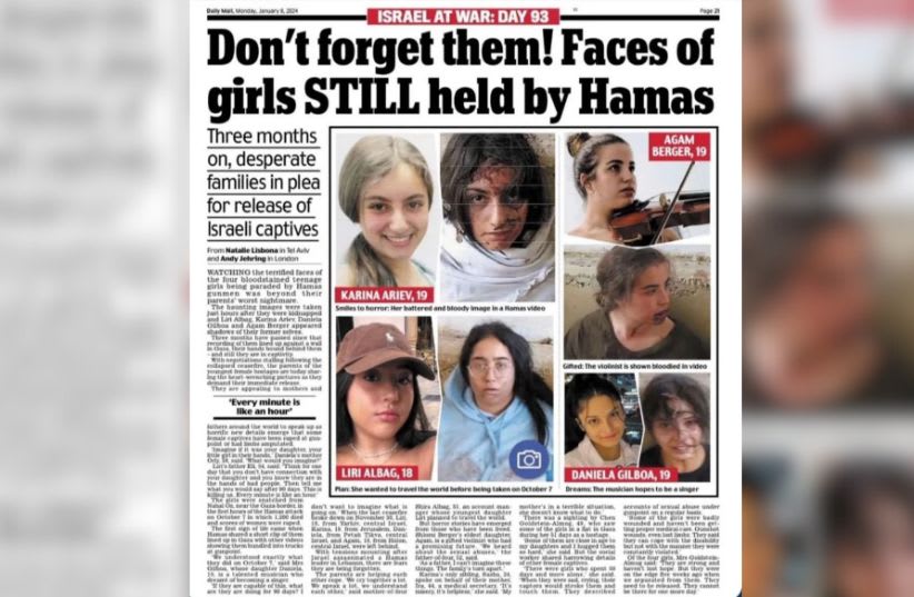 Daily Mail writes about four female hostages who are still being held in Gaza (photo credit: DAILY MAIL)