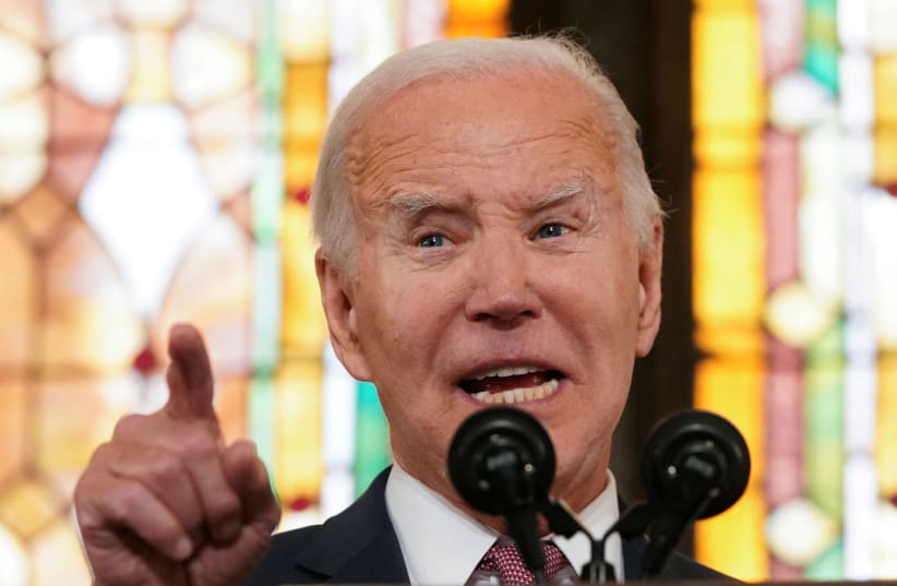  US President Joe Biden delivers a speech during a campaign event at the Mother Emanuel AME Church, the site of the 2015 mass shooting, in Charleston, South Carolina, US, January 8, 2024 (photo credit: REUTERS/KEVIN LAMARQUE)