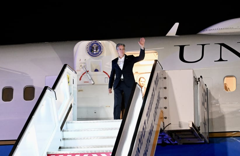 US Secretary of State Antony J. Blinken disembarks his plane after landing in Israel’s Ben Gurion Airport, January 8, 2024.  (photo credit: David Azagury/US Embassy)