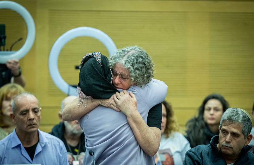  Released Israeli hostage Aviva Siegel attends the lobby for releasing the remaining hostages in the Gaza Strip, at the Knesset, the Israeli parliament in Jerusalem, January 9, 2024.  (photo credit: YONATAN SINDEL/FLASH90)