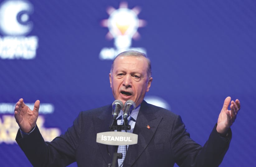  TURKISH PRESIDENT Recep Tayyip Erdogan speaks in Istanbul, this week. (photo credit: MURAD SEZER/REUTERS)