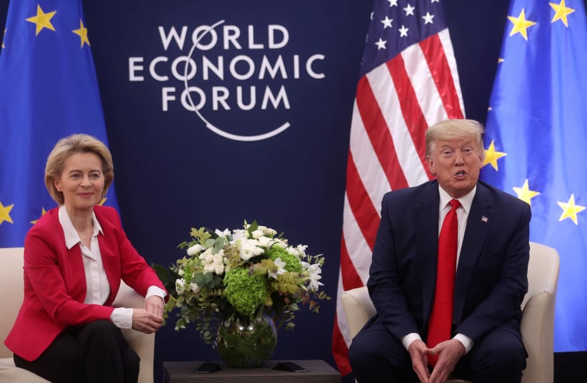 Then-US President Donald Trump speaks during a bilateral meeting with European Commission President Ursula von der Leyen, January 21, 2020 (photo credit: REUTERS/JONATHAN ERNST)