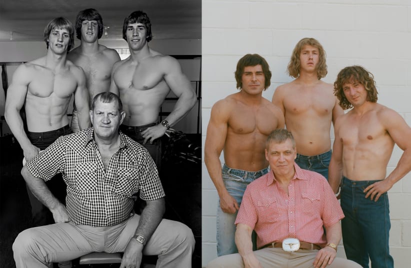 The Von Erich family from the movie and real life (photo credit:  Courtesy of A24 and Lev Cinemas)