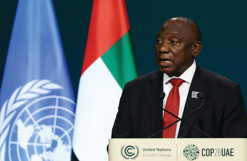  SOUTH AFRICA’S President Cyril Ramaphosa delivers a statement at the World Climate Action Summit in Dubai, last month.  (photo credit: Amr Alfiky/Reuters)