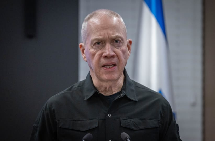  Israeli  minister of Defense Yoav Galant holds a joint press conference with minister of Finance Bezalel Smotrich (not seen) in Jerusalem, on December 26, 2023. (photo credit: Chaim Goldberg/Flash90)