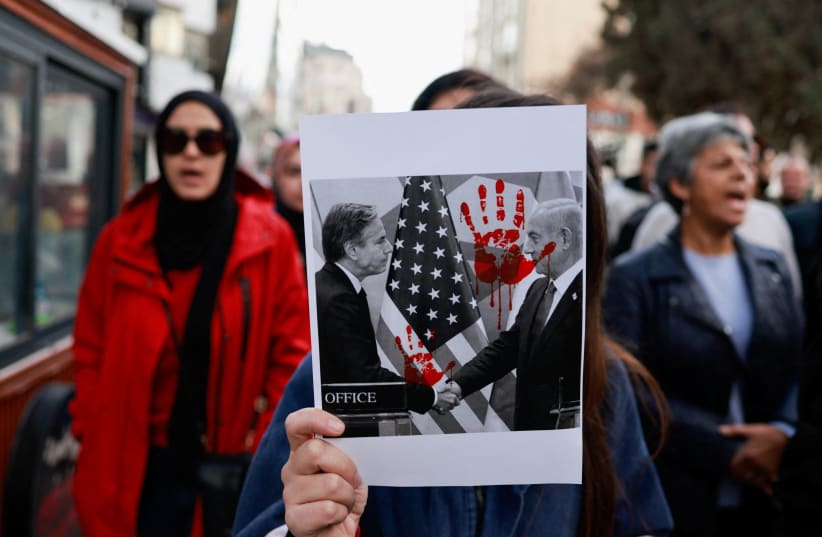   Palestinians protest against US Secretary of State Antony Blinken's visit and his meeting with Palestinian President Mahmoud Abbas, amid the ongoing conflict between Israel and Hamas, in Ramallah in the West Bank, January 10, 2024.  (photo credit: REUTERS/AMMAR AWAD)