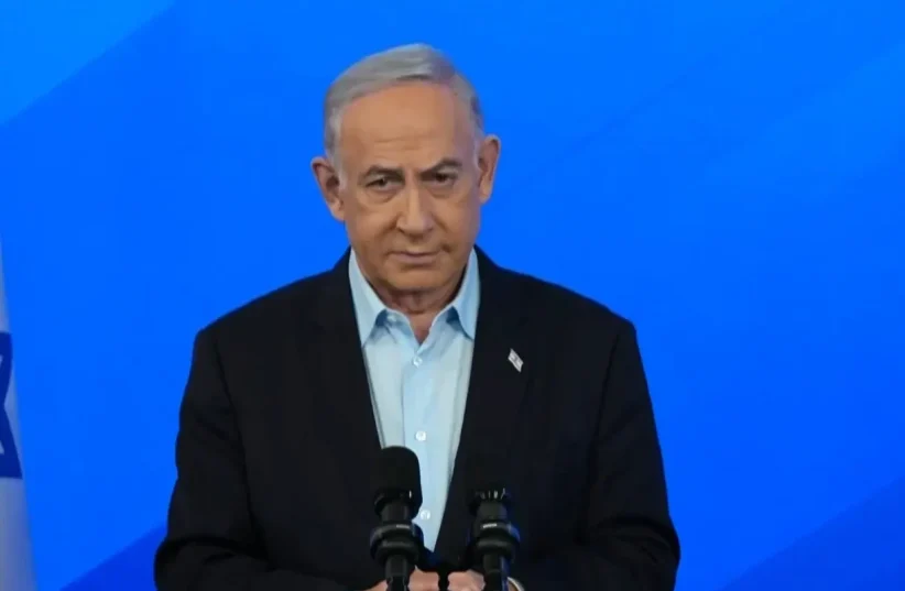  Prime Minister Benjamin Netanyahu addresses the nation on the eve of the 100th day of the Israel-Hamas War, January 13, 2024 (photo credit: SCREENSHOT ACCORDING TO 27A OF COPYRIGHT ACT)