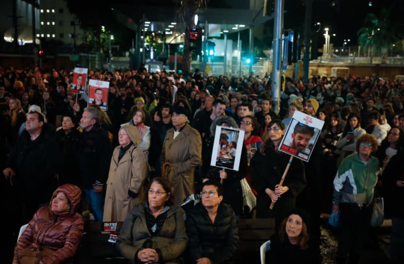  People attend 24-hour rally for hostages marking 100 days since the start of the war between Israel and Hamas, at "Hostage Square" in Tel Aviv, on January 14, 2024 (photo credit: MIRIAM ALSTER/FLASH90)
