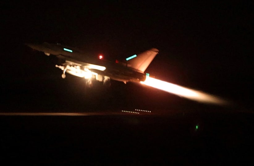  An RAF Typhoon aircraft takes off to join the U.S.-led coalition from RAF Akrotiri to conduct air strikes against military targets in Yemen, aimed at the Iran-backed Houthi militia that has been targeting international shipping in the Red Sea, January 12, 2024. (photo credit: VIA REUTERS)