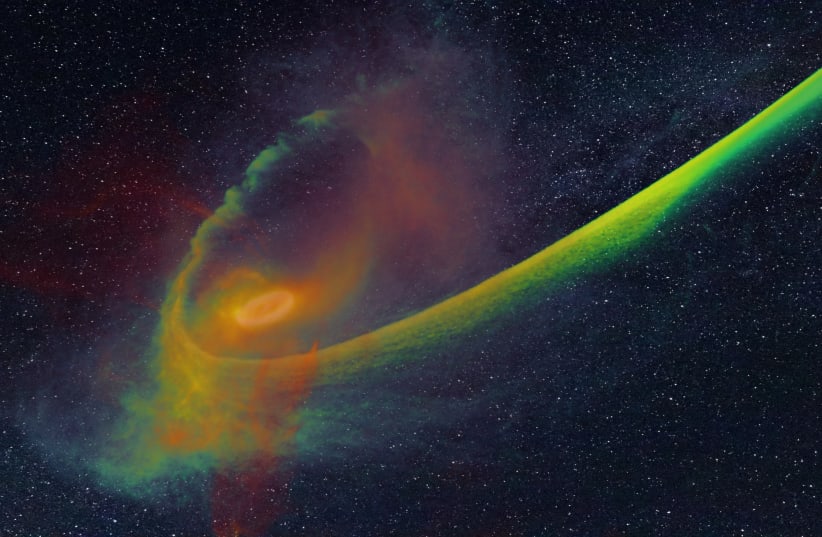 A star disrupted by a supermassive black hole. As the star wanders past the black hole, the tidal field of the hole rips apart the star. The picture shows the result of the simulation carried out by Steinberg and Stone. (photo credit: Elad Steinberg)