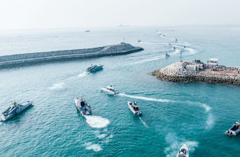  IRGC Navy's speedboats move during an exercise in Abu Musa Island, in this picture obtained on August 2, 2023 (photo credit: IRGC/WANA (West Asia News Agency)/Handout via REUTERS)