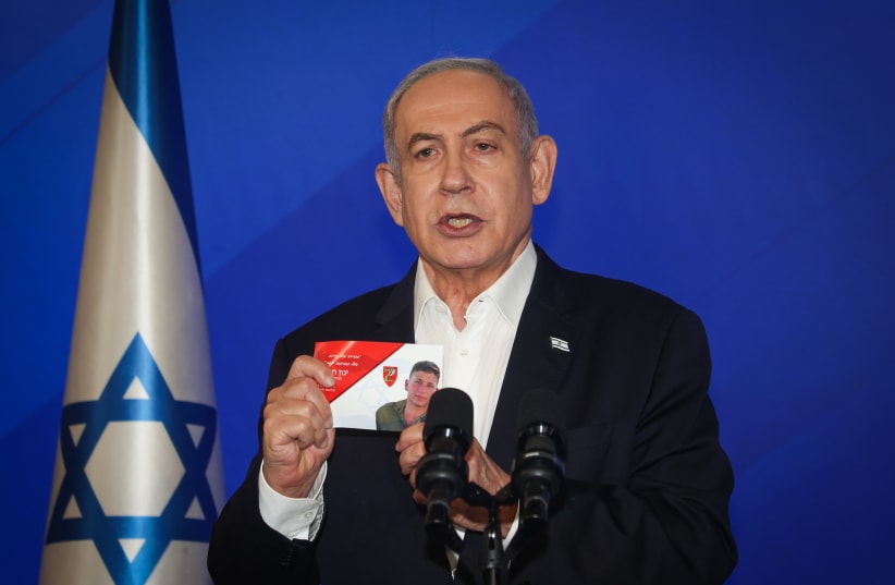  Benjamin Netanyahu speaks during a press conference at the Ministry of Defense, in Tel Aviv on January 18, 2024 (photo credit: YARIV KATZ/POOL)