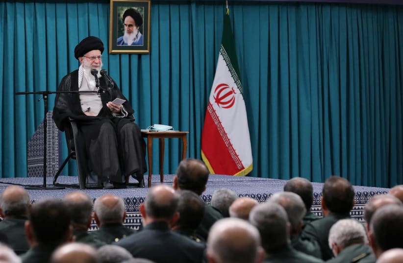  Iran's Supreme Leader Ayatollah Ali Khamenei speaks during a meeting with commanders and a group of members of the Islamic Revolutionary Guard Corps in Tehran, Iran August 17, 2023 (photo credit: Office of the Iranian Supreme Leader/WANA via REUTERS)