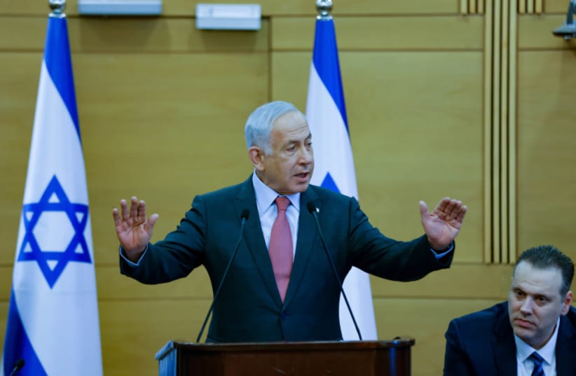  Israeli Prime Minister Benjamin Netanyahu leads a Likud party meeting at the Knesset, the Israeli parliament in Jerusalem , March 13, 2023 (photo credit: ERIK MARMOR/FLASH90)