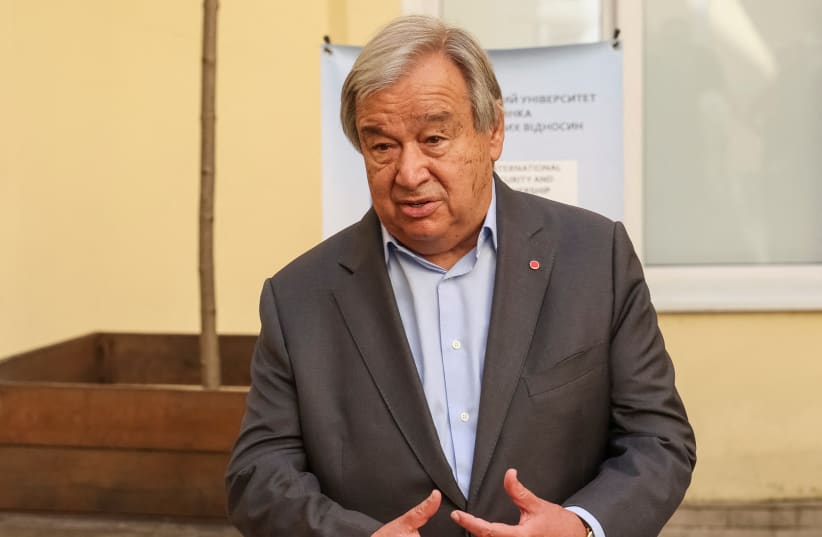  United Nations Secretary-General Antonio Guterres speaks to the media during a visit to the Ivan Franko National University of Lviv, amid Russia's attack on Ukraine continues, in Lviv, Ukraine August 18, 2022. (photo credit: REUTERS/GLEB GARANICH)