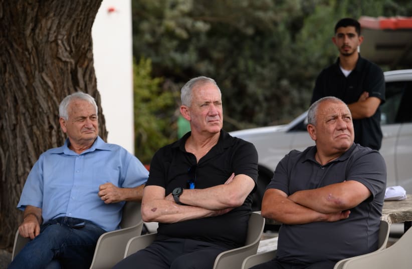 National Unity leader Unity Benny Gantz and MK Gadi Eisenkot meet with farmers and hear about the topic of "protection," October 3, 2023 (photo credit: AYAL MARGOLIN/FLASH90)