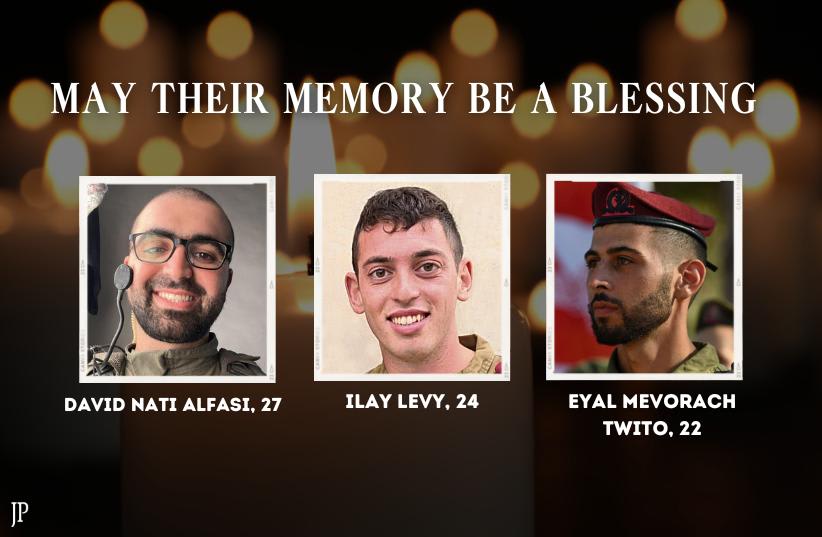  David Nati Alfasi, Ilay Levy and Eyal Mevorach Twito, who fell in Gaza, January 22, 2024 (photo credit: JERUSALEM POST)